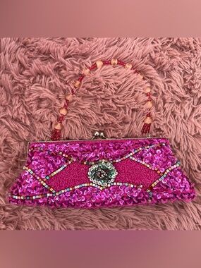 Pink Beaded Sequin Clutch